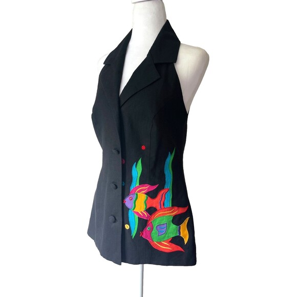 Vintage Y2K Collared Halter Vest Top Sz 8 Linen 90s Longline Tailored Whimsy - Picture 7 of 12